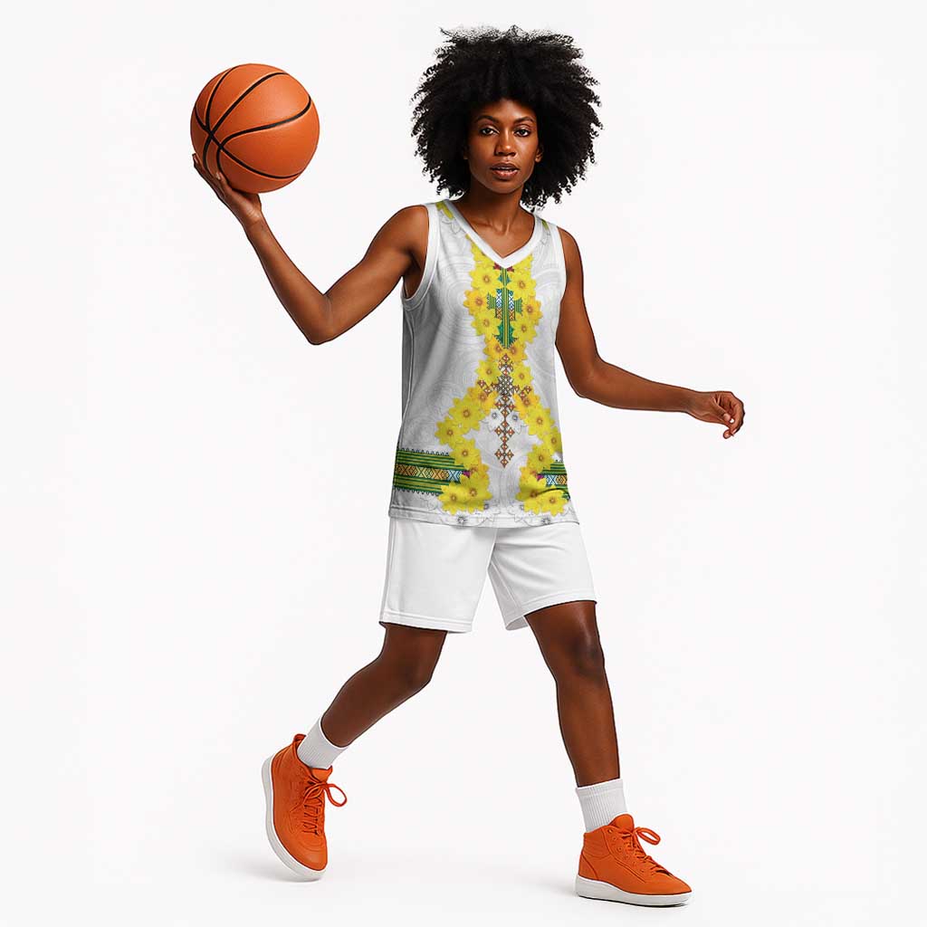 Enkutatash Ethiopia New Year Basketball Jersey Tilet Pattern With Adey Abeba Flowers - African Pride