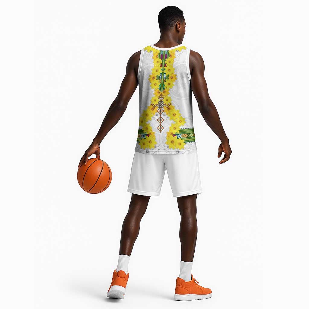 Enkutatash Ethiopia New Year Basketball Jersey Tilet Pattern With Adey Abeba Flowers - African Pride