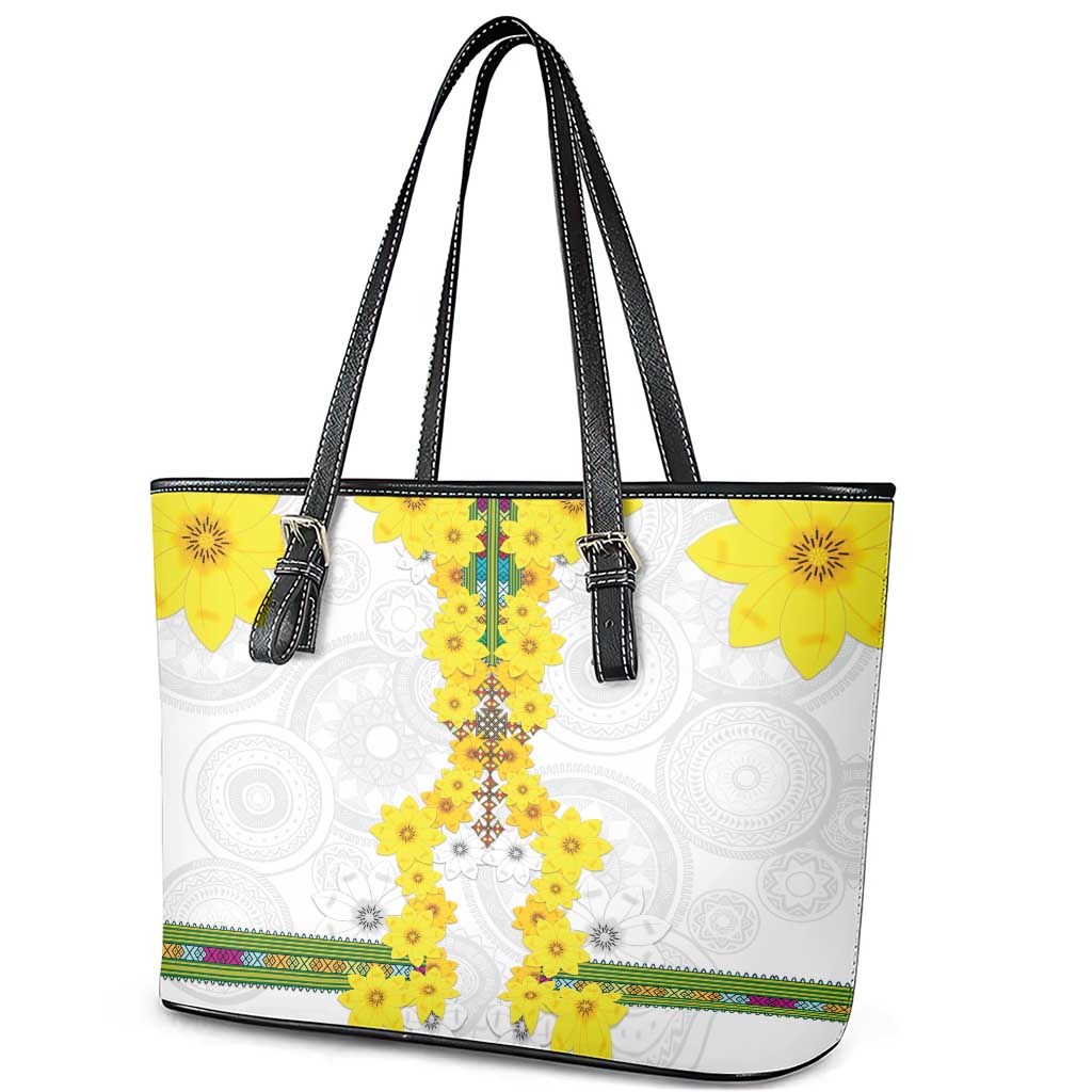 Enkutatash Ethiopia New Year Leather Tote Bag Tilet Pattern With Adey Abeba Flowers