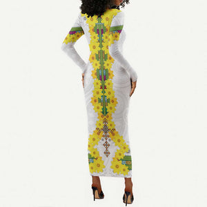 Enkutatash Ethiopia New Year Long Sleeve Bodycon Dress Tilet Pattern With Adey Abeba Flowers LT05