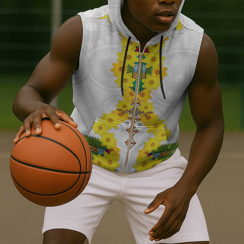 Enkutatash Ethiopia New Year Sleeveless Zip Hoodie Tilet Pattern With Adey Abeba Flowers - African Pride