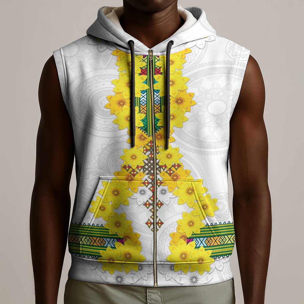 Enkutatash Ethiopia New Year Sleeveless Zip Hoodie Tilet Pattern With Adey Abeba Flowers - African Pride