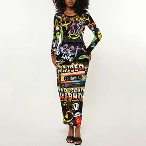 Raised On Hip Hop Long Sleeve Bodycon Dress Graffiti Art Style - African Pride