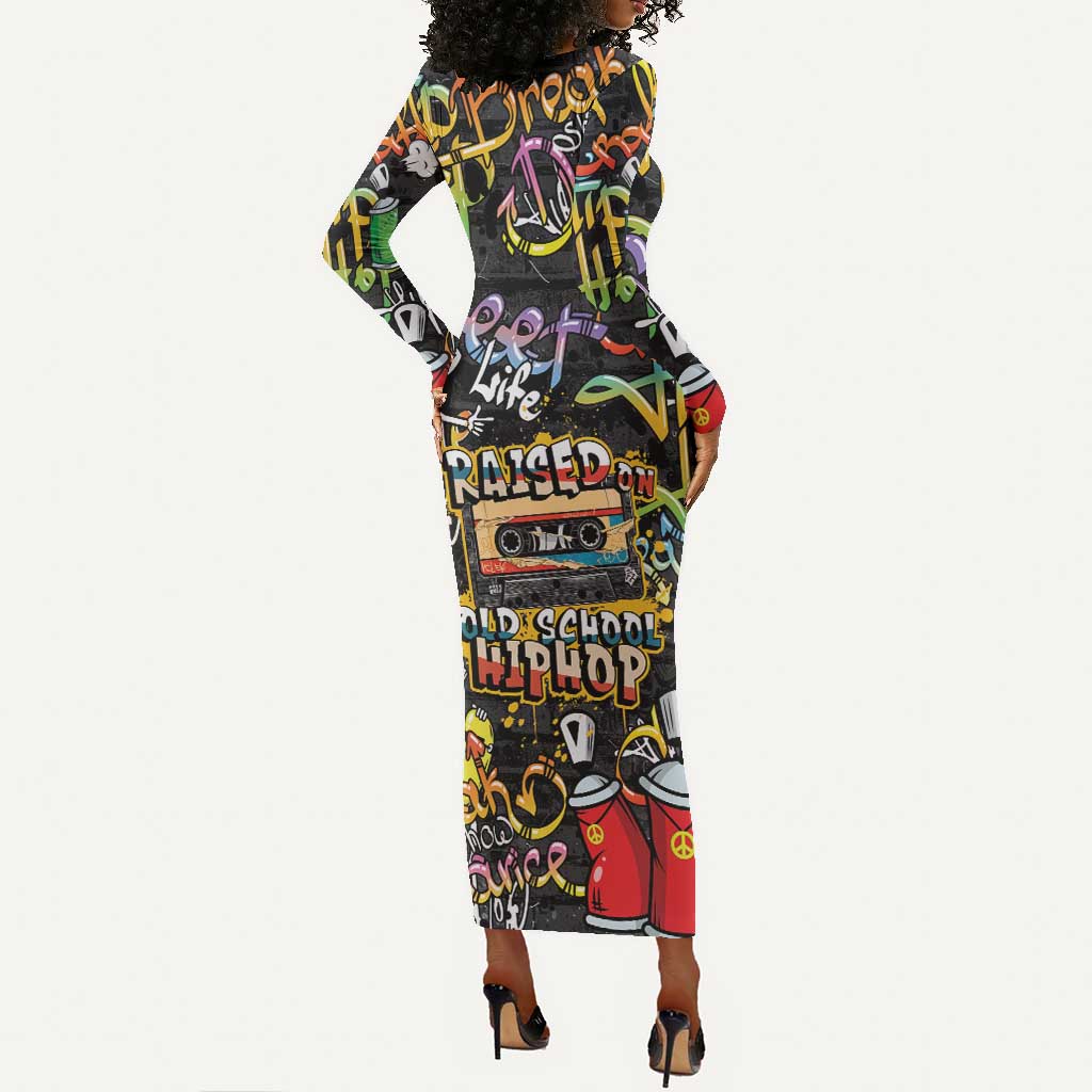 Raised On Hip Hop Long Sleeve Bodycon Dress Graffiti Art Style - African Pride