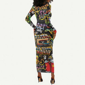 Raised On Hip Hop Long Sleeve Bodycon Dress Graffiti Art Style - African Pride