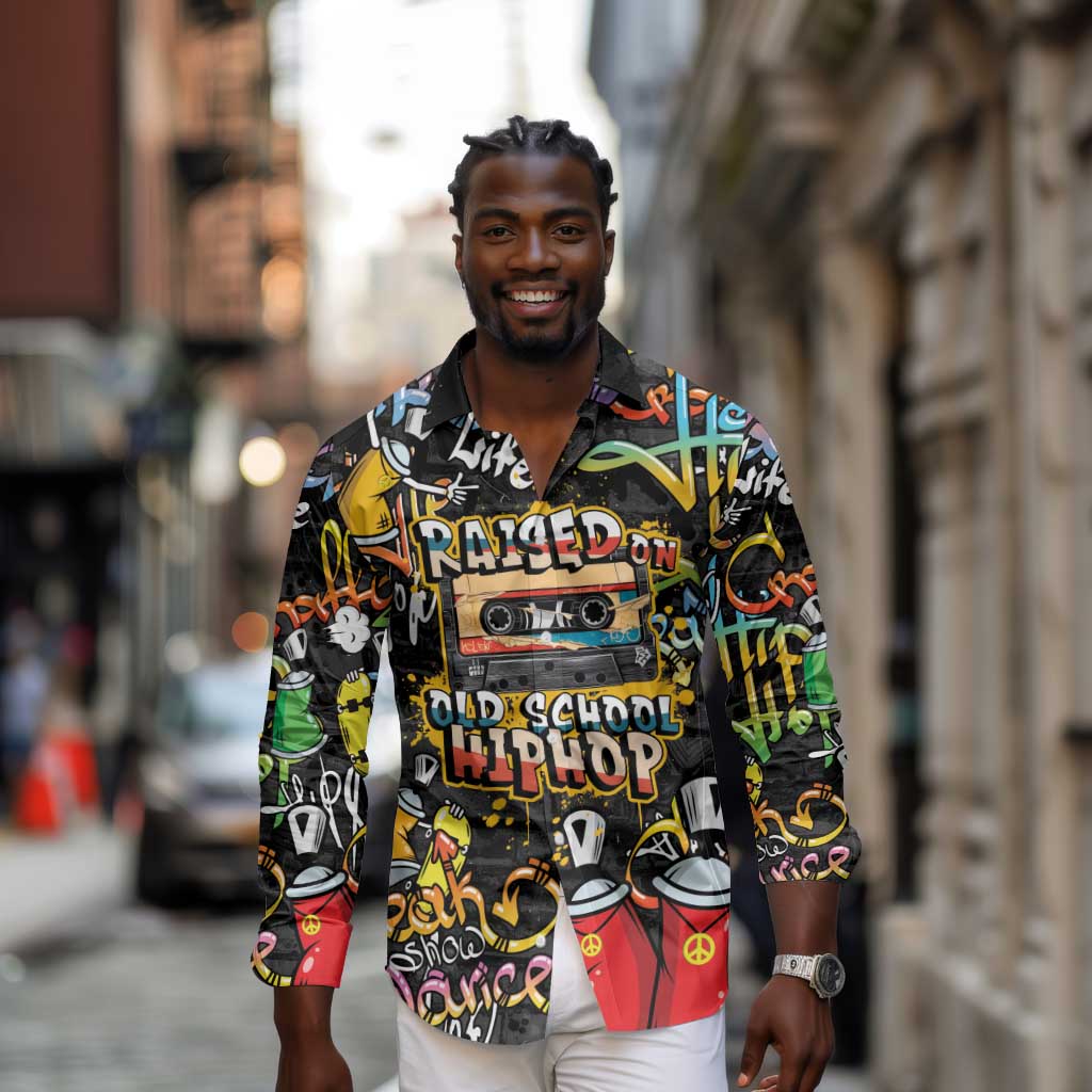 Raised On Hip Hop Long Sleeve Button Shirt Graffiti Art Style - African Pride