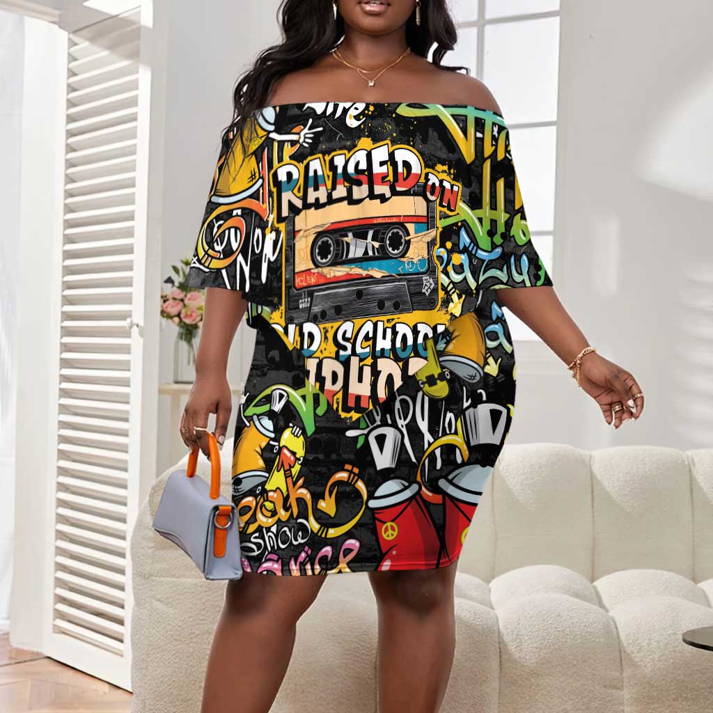 Raised On Hip Hop Off Shoulder Short Dress Graffiti Art Style - African Pride