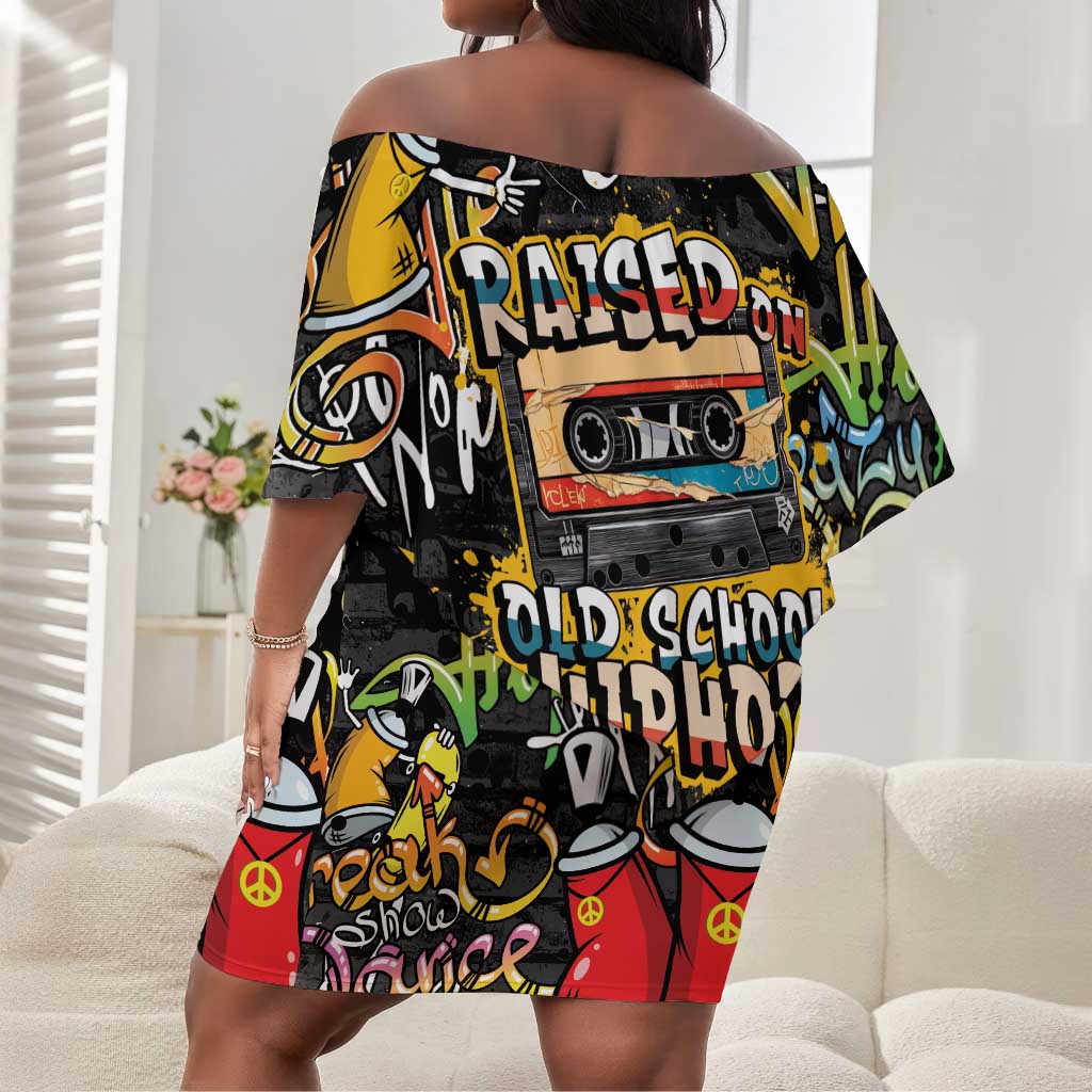 Raised On Hip Hop Off Shoulder Short Dress Graffiti Art Style - African Pride