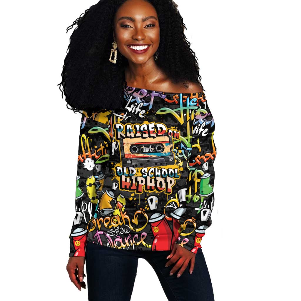 Raised On Hip Hop Off Shoulder Sweater Graffiti Art Style - African Pride