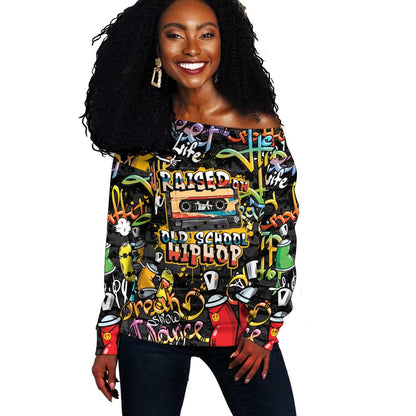 Raised On Hip Hop Off Shoulder Sweater Graffiti Art Style - African Pride