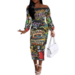 Raised On Hip Hop Off The Shoulder Long Sleeve Dress Graffiti Art Style - African Pride