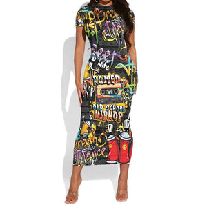 Raised On Hip Hop Short Sleeve Bodycon Dress Graffiti Art Style - African Pride