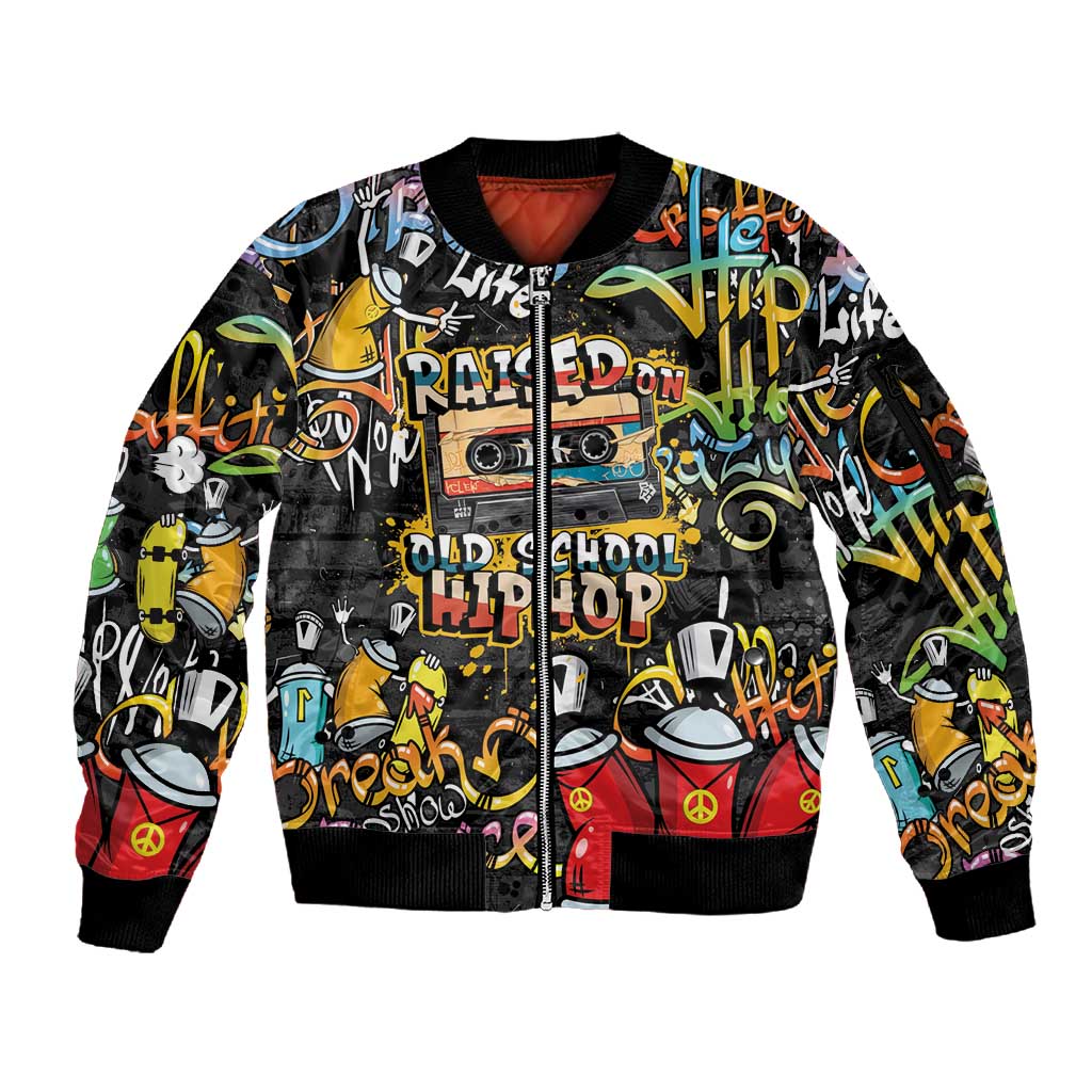 Raised On Hip Hop Sleeve Zip Bomber Jacket Graffiti Art Style - African Pride