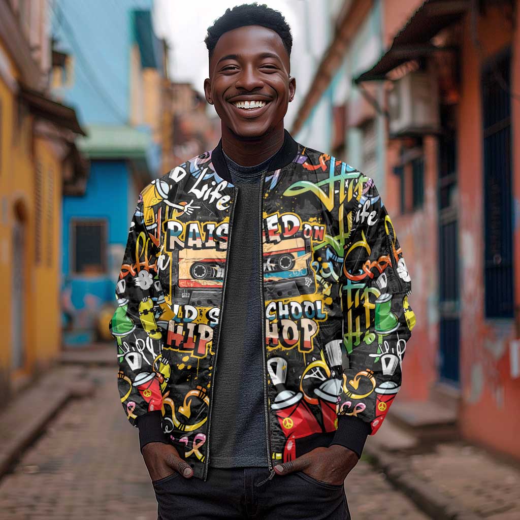 Raised On Hip Hop Sleeve Zip Bomber Jacket Graffiti Art Style - African Pride