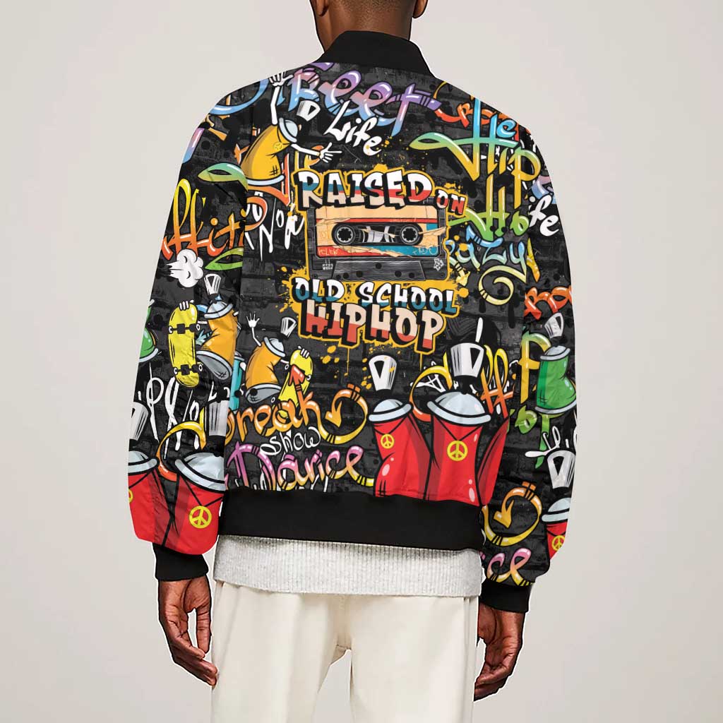 Raised On Hip Hop Sleeve Zip Bomber Jacket Graffiti Art Style - African Pride