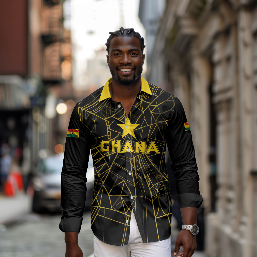 Custom Ghana Football 2026 Long Sleeve Button Shirt Black Stars Never Fall Black Version