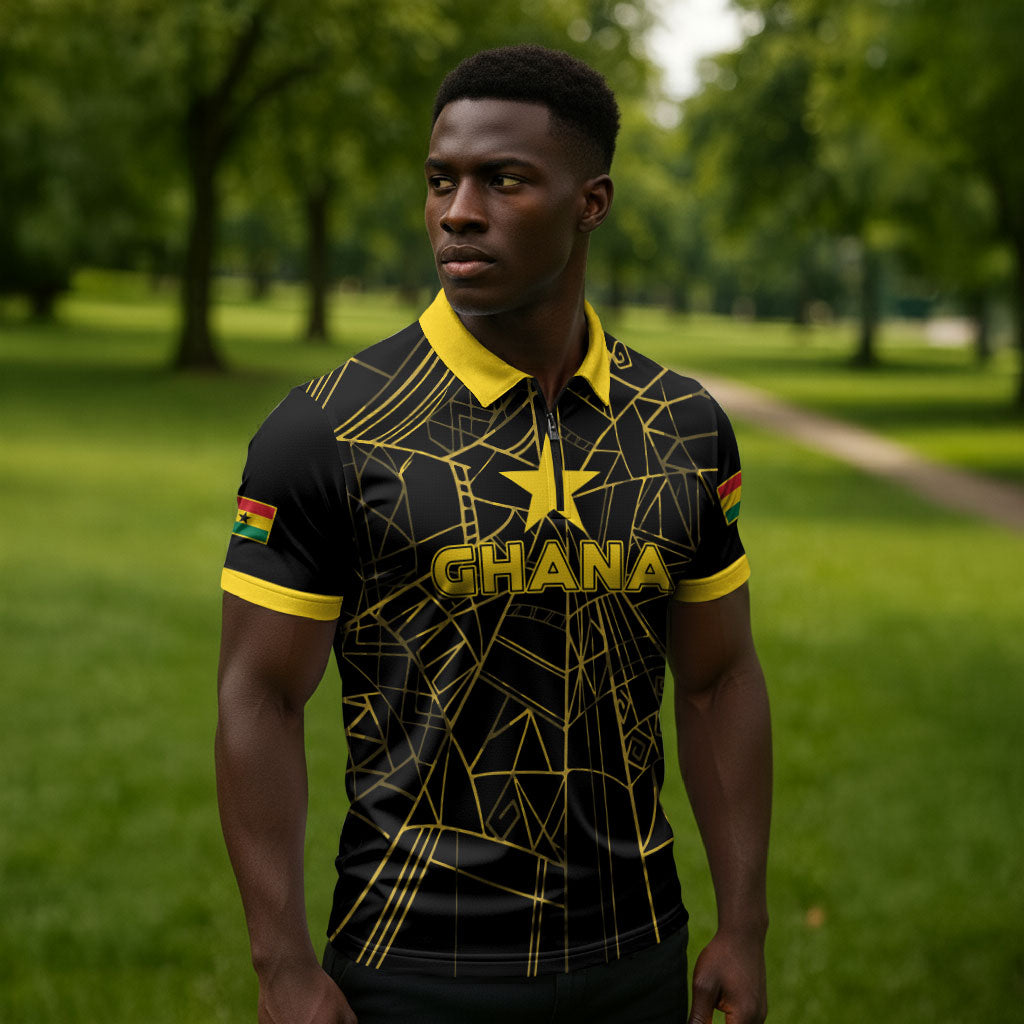 Custom Ghana Football 2026 Zipper Polo Shirt Black Stars Never Fall Black Version