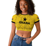 Custom Ghana Football 2026 Raglan Cropped T shirt Black Stars Never Fall Yellow Version