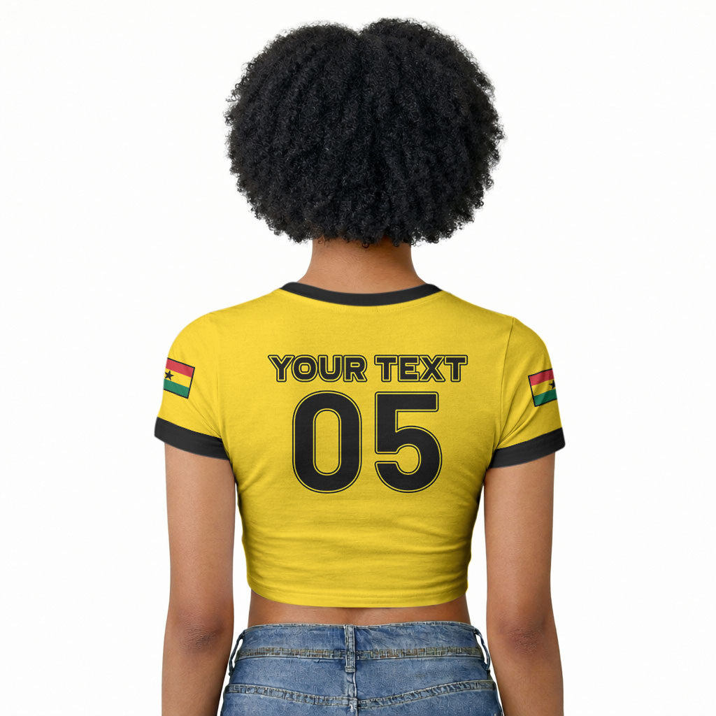 Custom Ghana Football 2026 Raglan Cropped T shirt Black Stars Never Fall Yellow Version