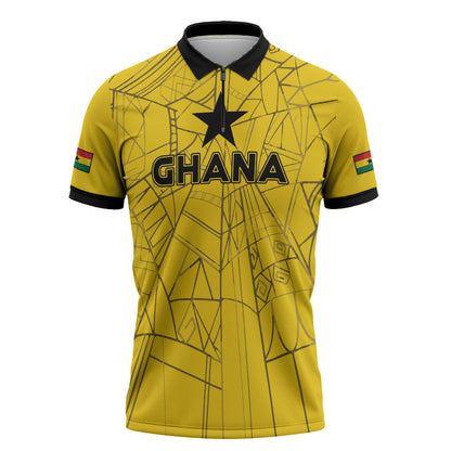 Custom Ghana Football 2026 Zipper Polo Shirt Black Stars Never Fall Yellow Version