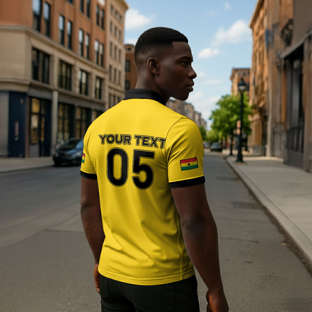 Custom Ghana Football 2026 Zipper Polo Shirt Black Stars Never Fall Yellow Version