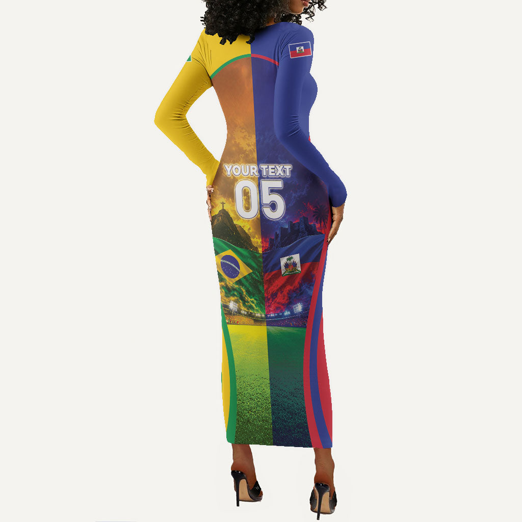 Custom Brazil Haiti 2026 World Football Long Sleeve Bodycon Dress Go For Glory