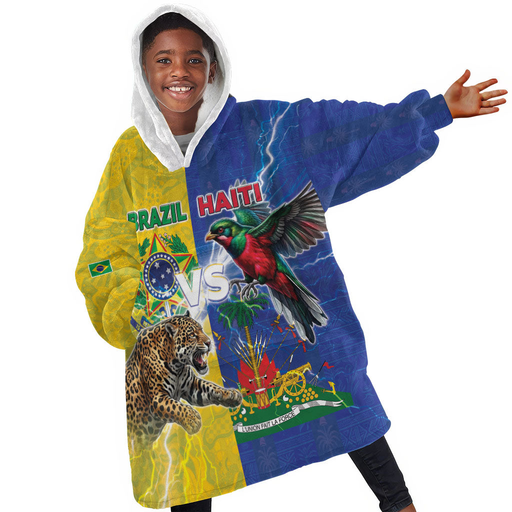 Custom Brazil And Haiti Football Kid Wearable Blanket Hoodie Jaguar With Kanson Wouj Special Style