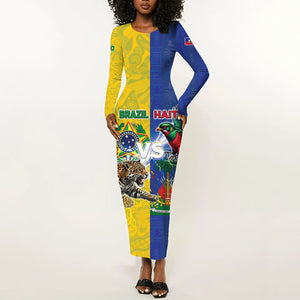 Custom Brazil And Haiti Football Long Sleeve Bodycon Dress Jaguar With Kanson Wouj Special Style