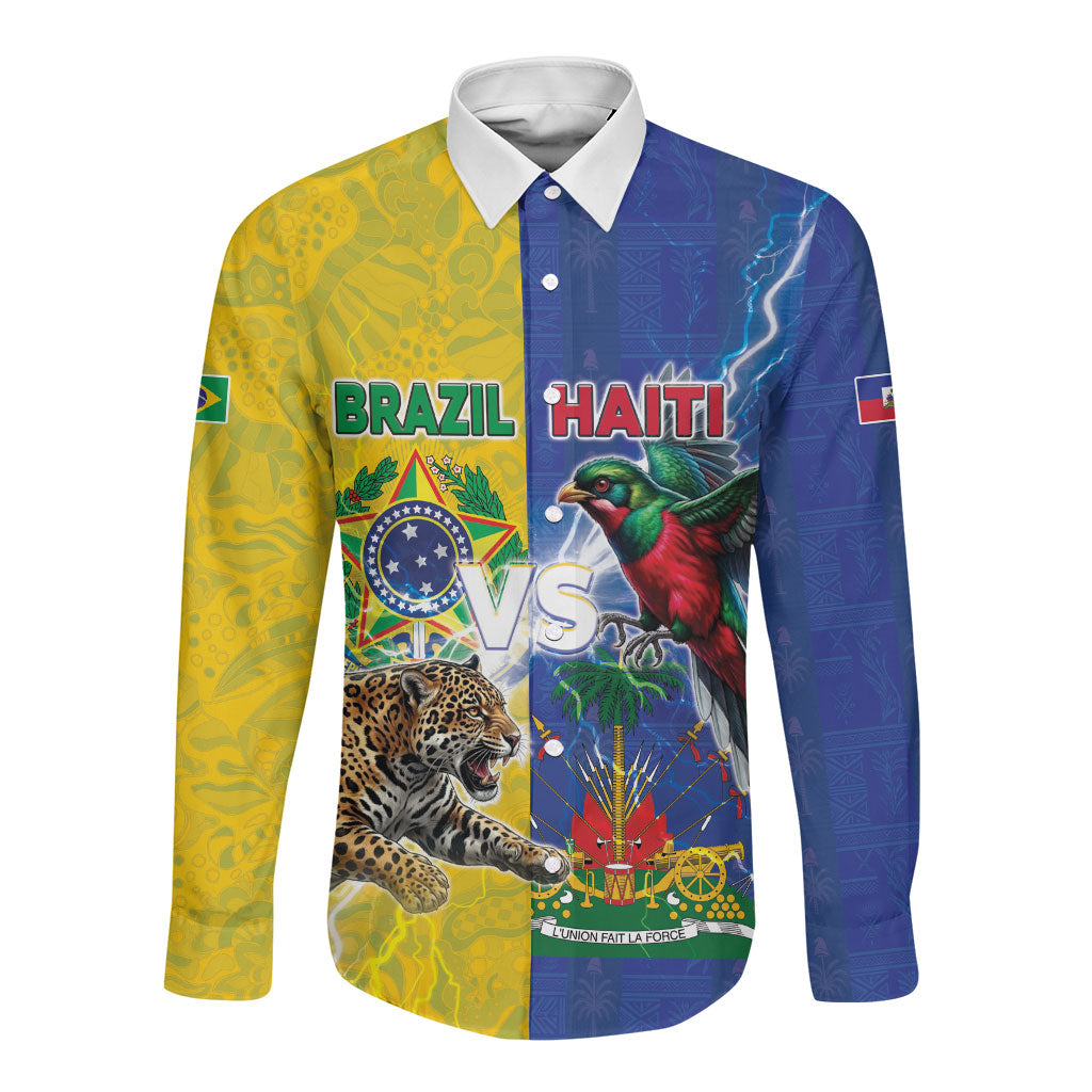 Custom Brazil And Haiti Football Long Sleeve Button Shirt Jaguar With Kanson Wouj Special Style