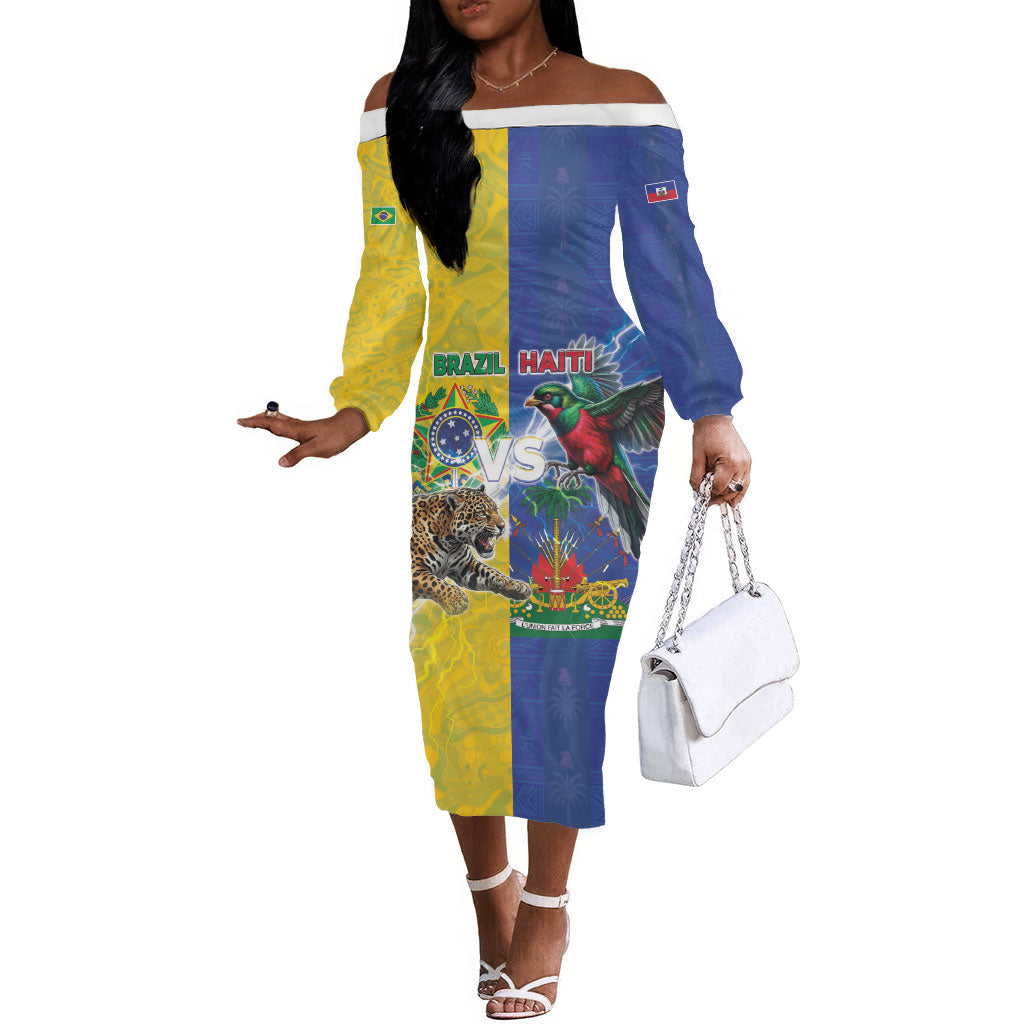 Custom Brazil And Haiti Football Off The Shoulder Long Sleeve Dress Jaguar With Kanson Wouj Special Style