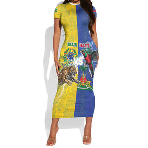 Custom Brazil And Haiti Football Short Sleeve Bodycon Dress Jaguar With Kanson Wouj Special Style