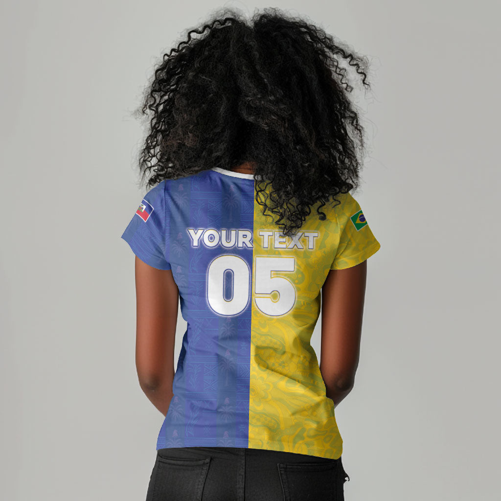 Custom Brazil And Haiti Football Women V-Neck T-Shirt Jaguar With Kanson Wouj Special Style