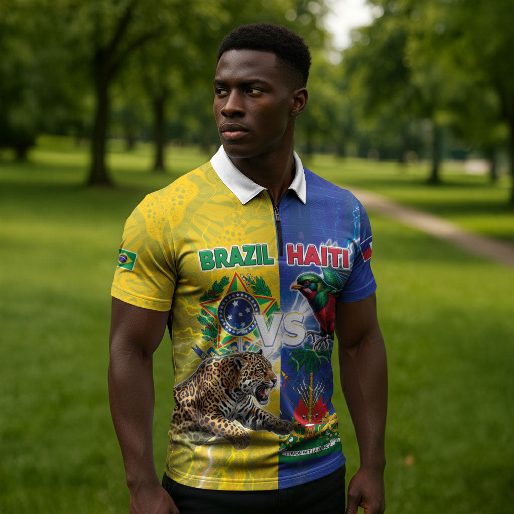 Custom Brazil And Haiti Football Zipper Polo Shirt Jaguar With Kanson Wouj Special Style