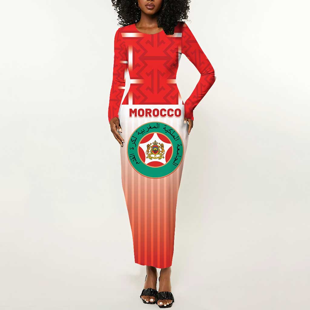 Custom Morocco Football Long Sleeve Bodycon Dress 1994 Retro Red Version - African Pride