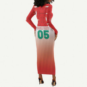 Custom Morocco Football Long Sleeve Bodycon Dress 1994 Retro Red Version - African Pride
