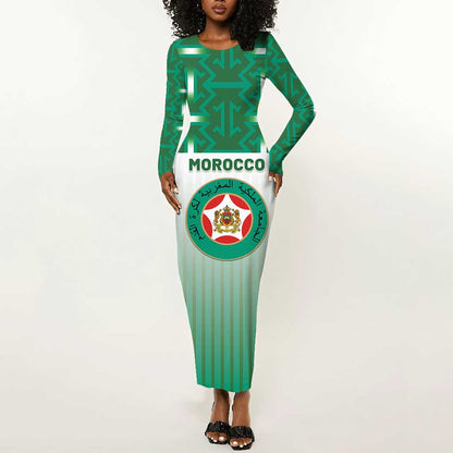 Custom Morocco Football Long Sleeve Bodycon Dress 1994 Retro Green Version - African Pride