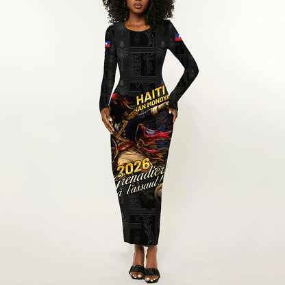 Custom Haiti Football 2026 Long Sleeve Bodycon Dress Haiti Nan Mondyal