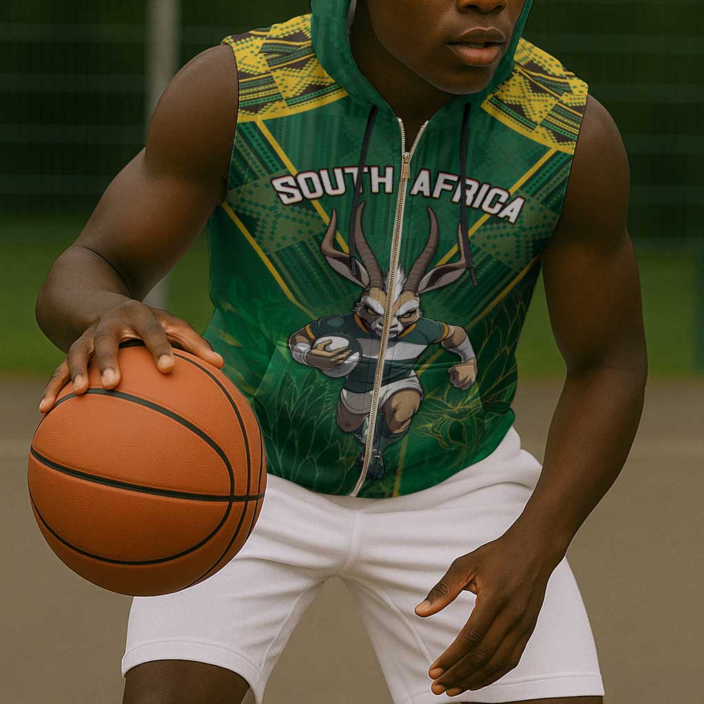 Custom South Africa Rugby 2024 Sleeveless Zip Hoodie Go Bokke African Pattern - African Pride