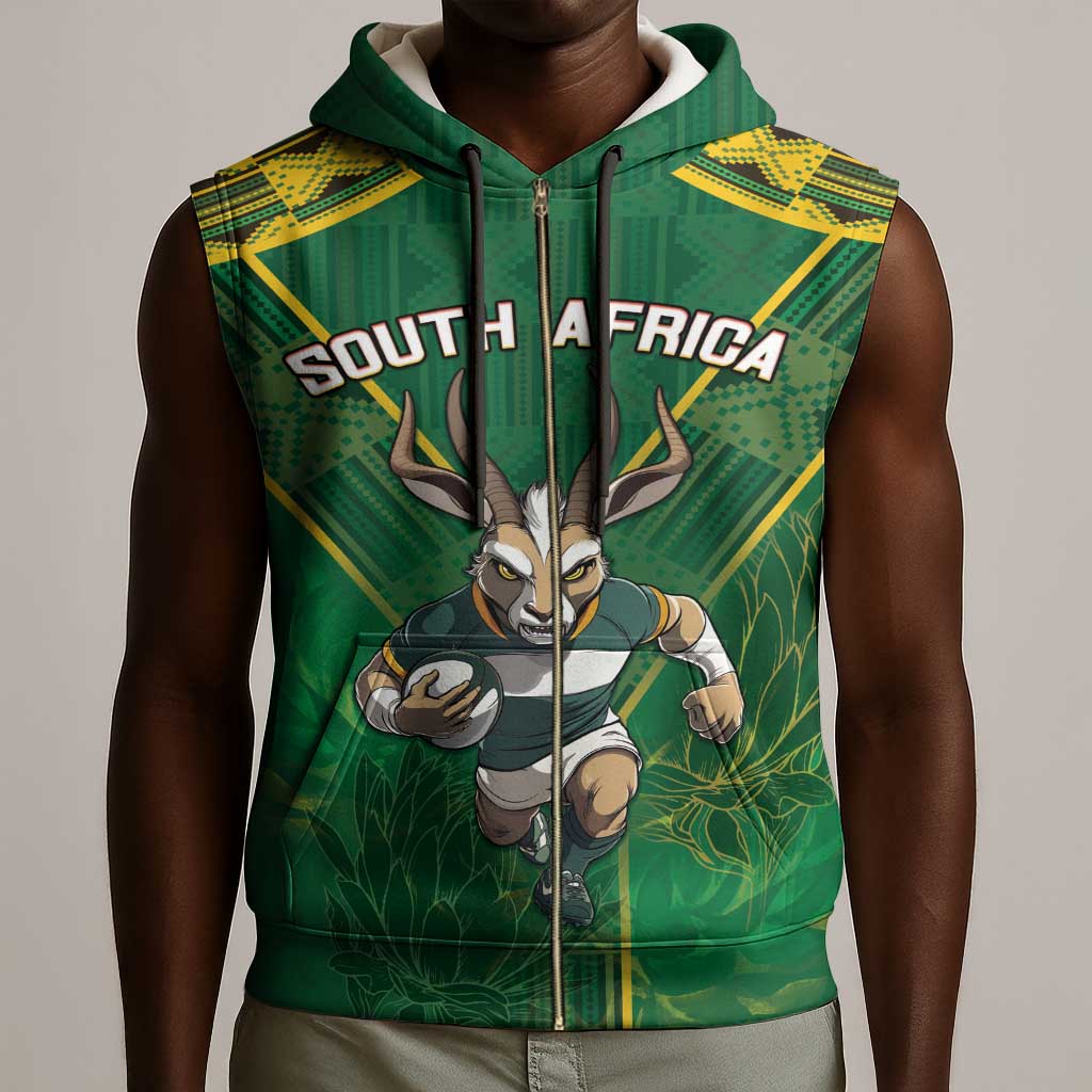 Custom South Africa Rugby 2024 Sleeveless Zip Hoodie Go Bokke African Pattern - African Pride