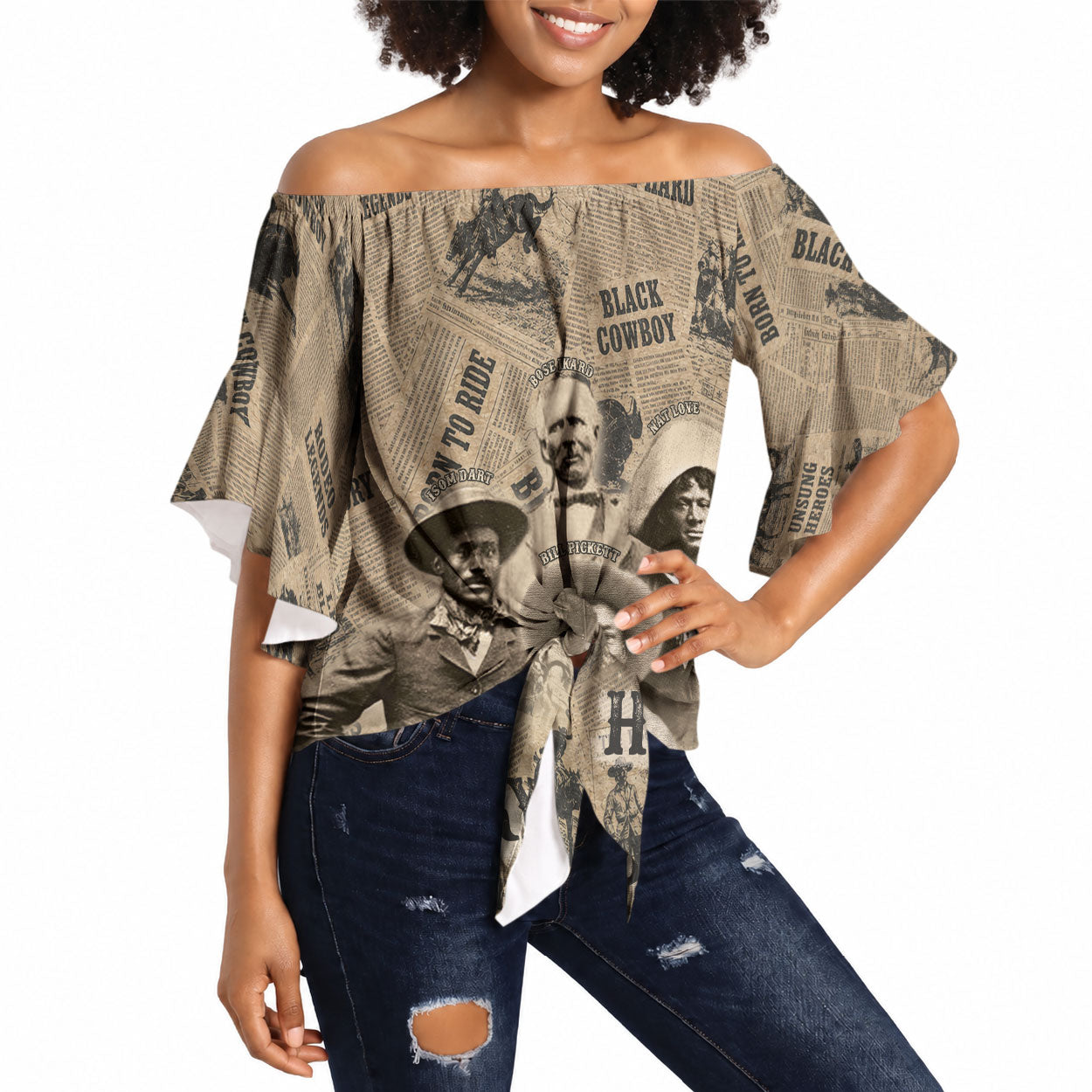 Black Cowboy Off Shoulder Wrap Waist Top Western Rodeo Melanin Black History