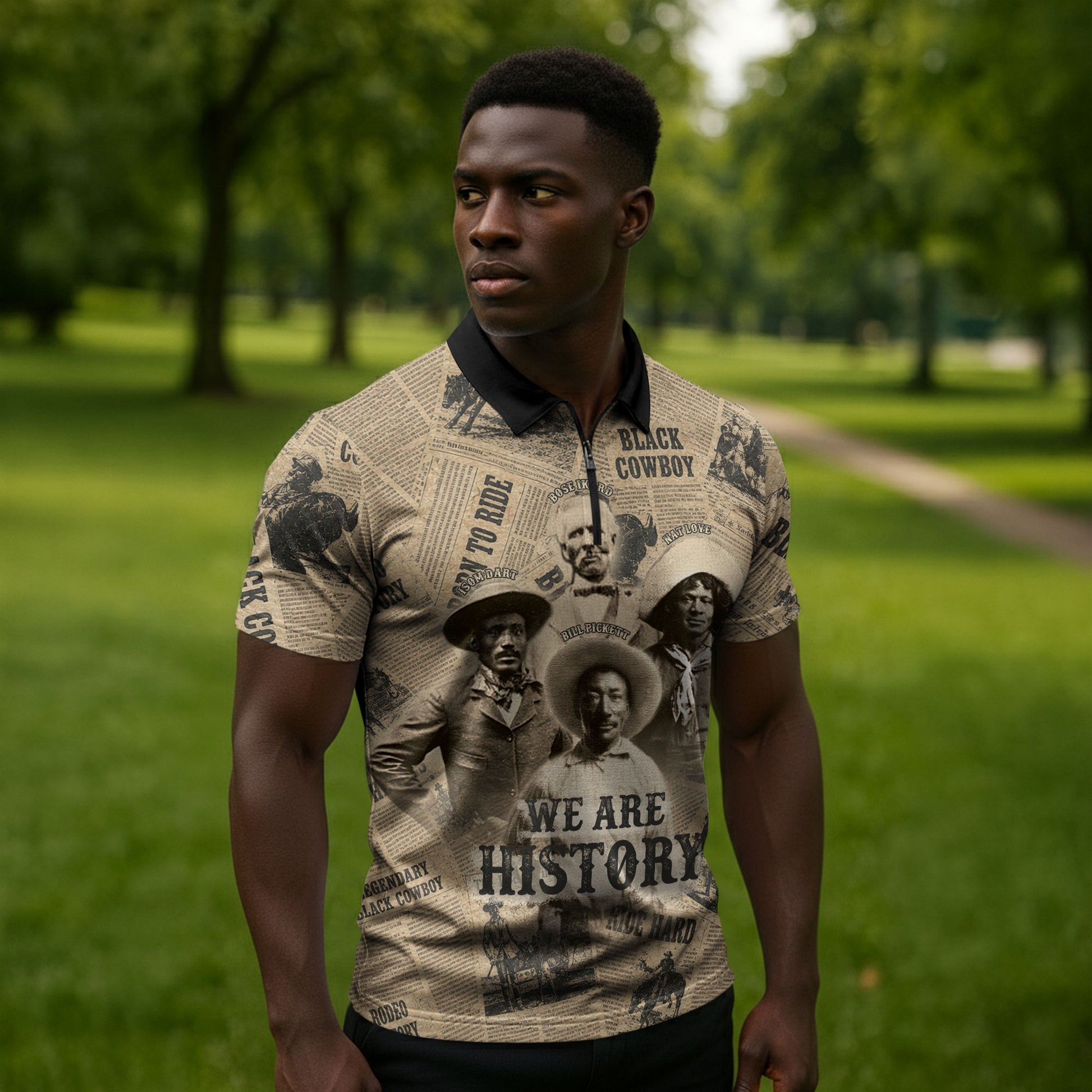 Black Cowboy Zipper Polo Shirt Western Rodeo Melanin Black History