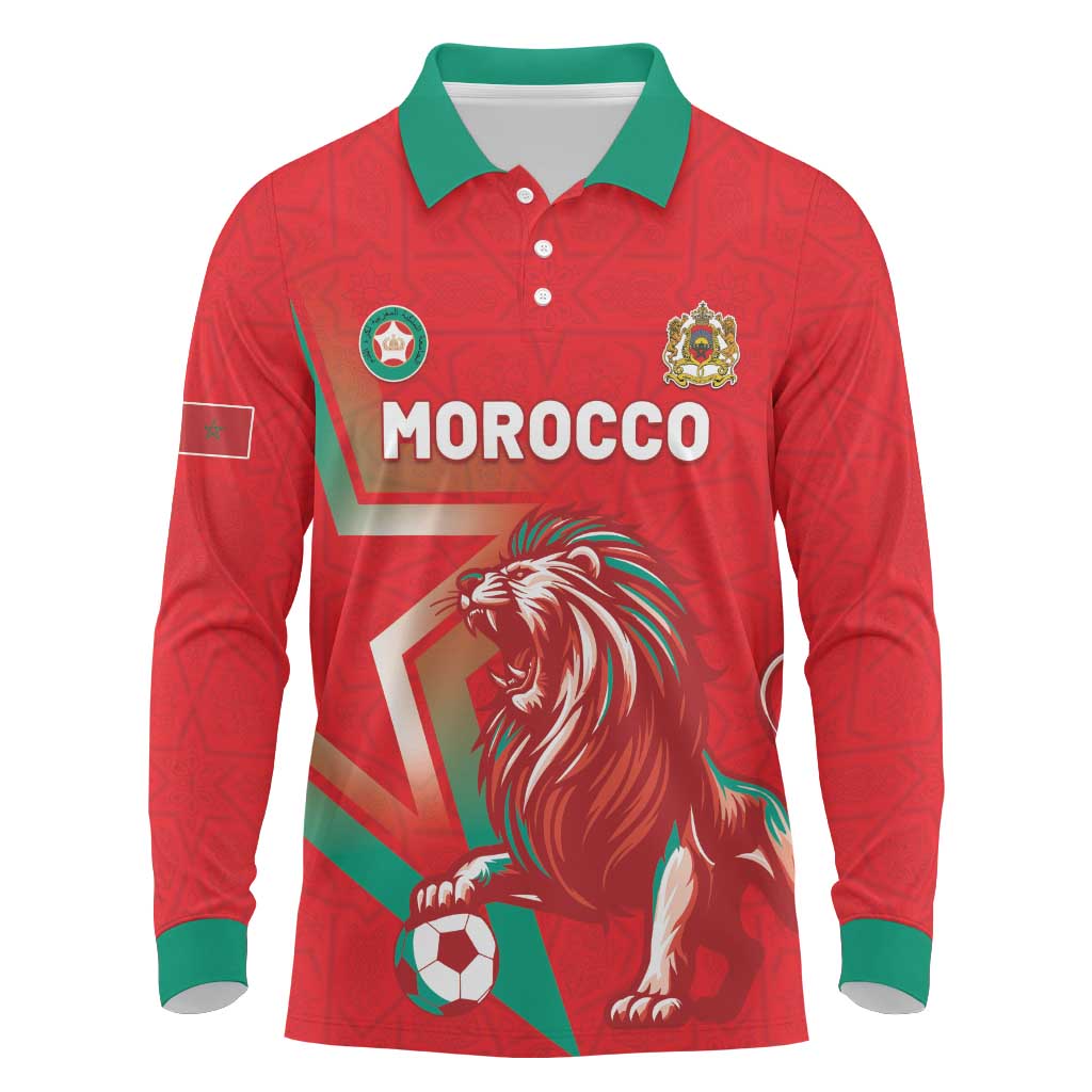 Custom Morocco WC Football 2026 Long Sleeve Polo Shirt Go Champions Lion Spirit - African Pride