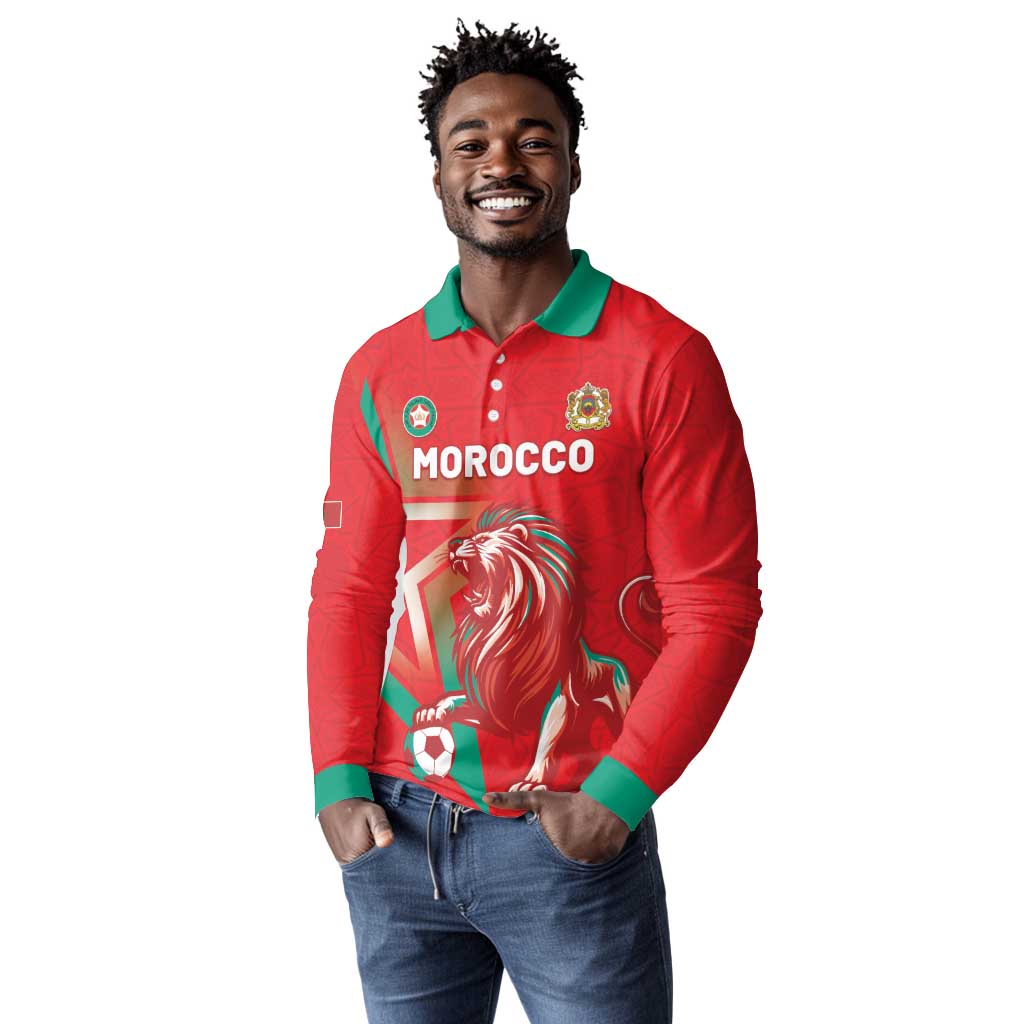 Custom Morocco WC Football 2026 Long Sleeve Polo Shirt Go Champions Lion Spirit - African Pride