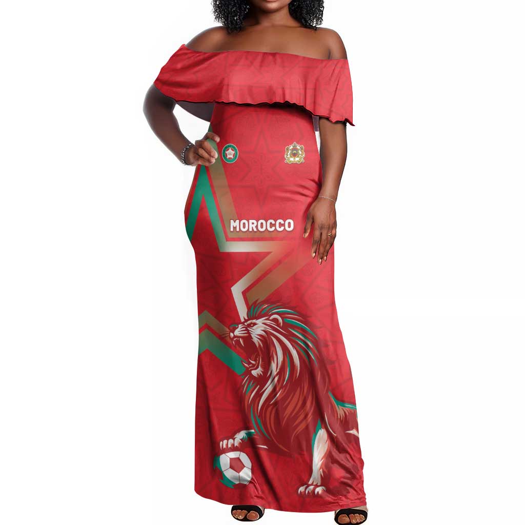 Custom Morocco WC Football 2026 Off Shoulder Maxi Dress Go Champions Lion Spirit - African Pride