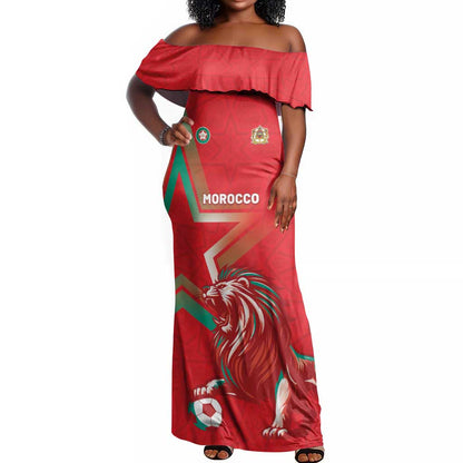 Custom Morocco WC Football 2026 Off Shoulder Maxi Dress Go Champions Lion Spirit - African Pride