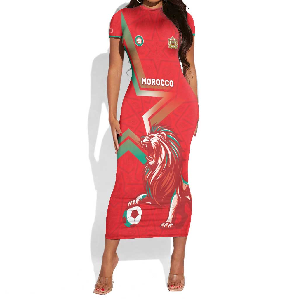 Custom Morocco WC Football 2026 Short Sleeve Bodycon Dress Go Champions Lion Spirit - African Pride