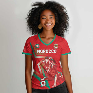 Custom Morocco WC Football 2026 Women V-Neck T-Shirt Go Champions Lion Spirit - African Pride