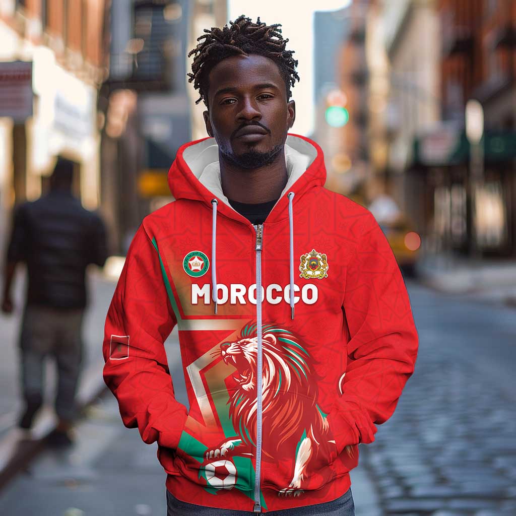 Custom Morocco WC Football 2026 Zip Hoodie Go Champions Lion Spirit - African Pride
