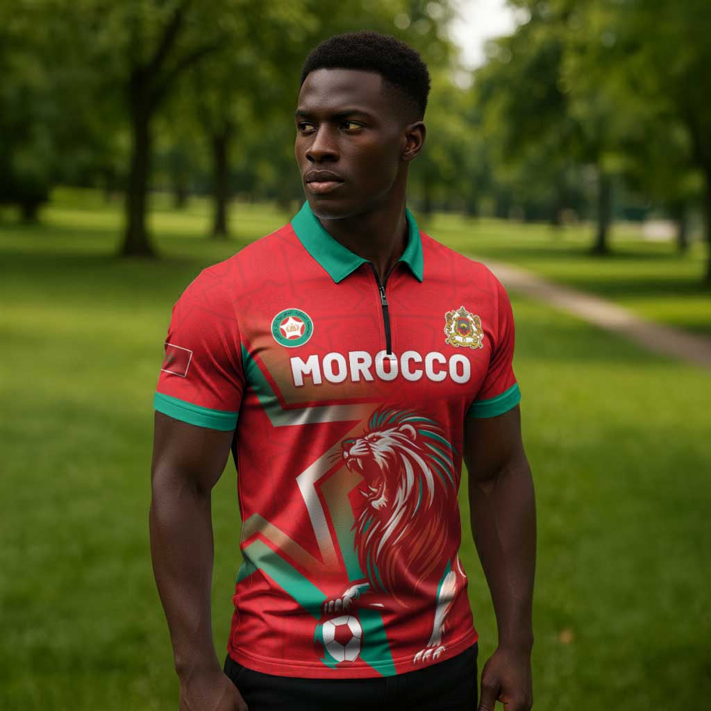Custom Morocco WC Football 2026 Zipper Polo Shirt Go Champions Lion Spirit - African Pride
