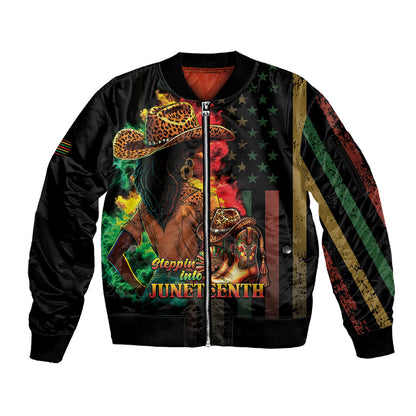Steppin' into Juneteenth 1865 Sleeve Zip Bomber Jacket Melanin Cowgirl Grunge Style